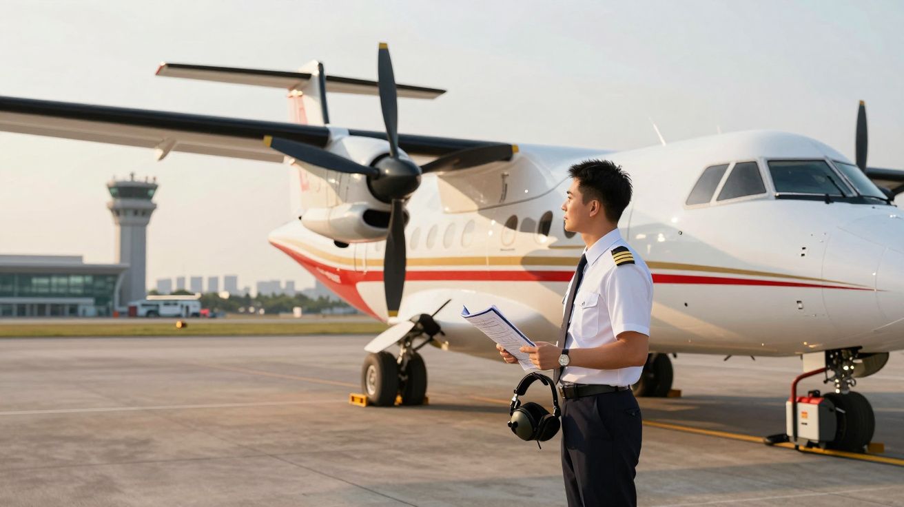 Piloto de avião em uniforme branco e calça preta segurando documentos e fone, ao lado de avião turboélice parado no aeroporto