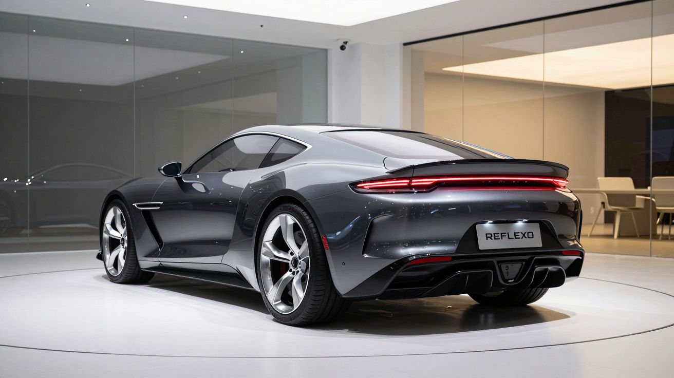 Carro esportivo cinza escuro estacionado em ambiente interno moderno com paredes de vidro e luz branca.