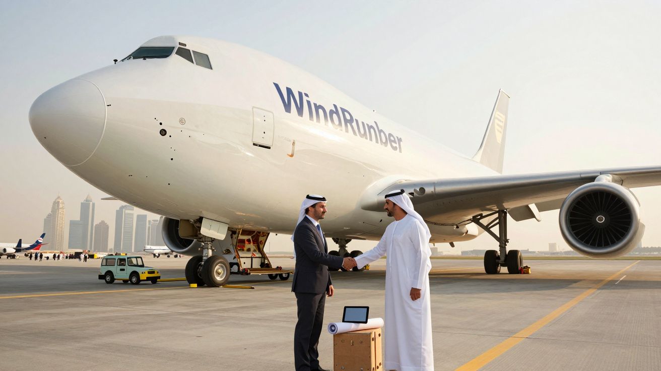 Dois homens apertando as mãos em frente a um avião de carga branco com a inscrição WindRunner em um aeroporto.