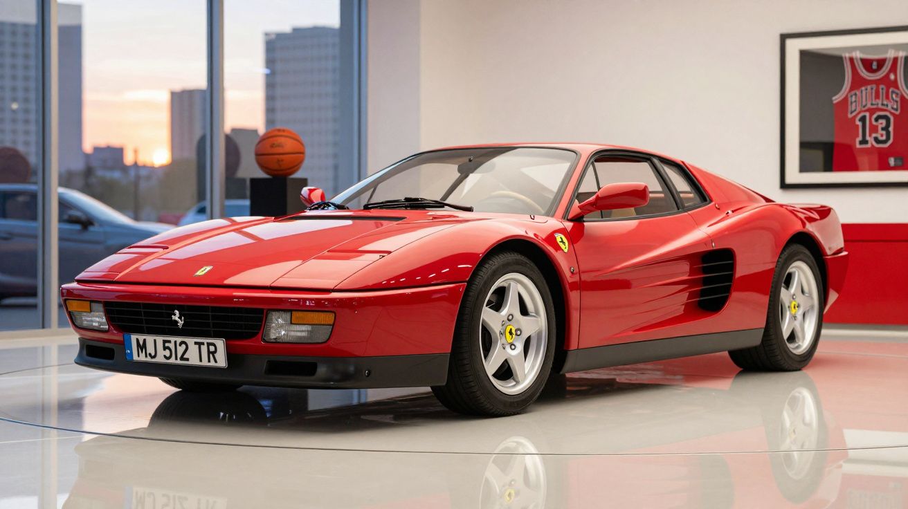 Carro esportivo Ferrari vermelho estacionado em ambiente interno moderno com janela grande.