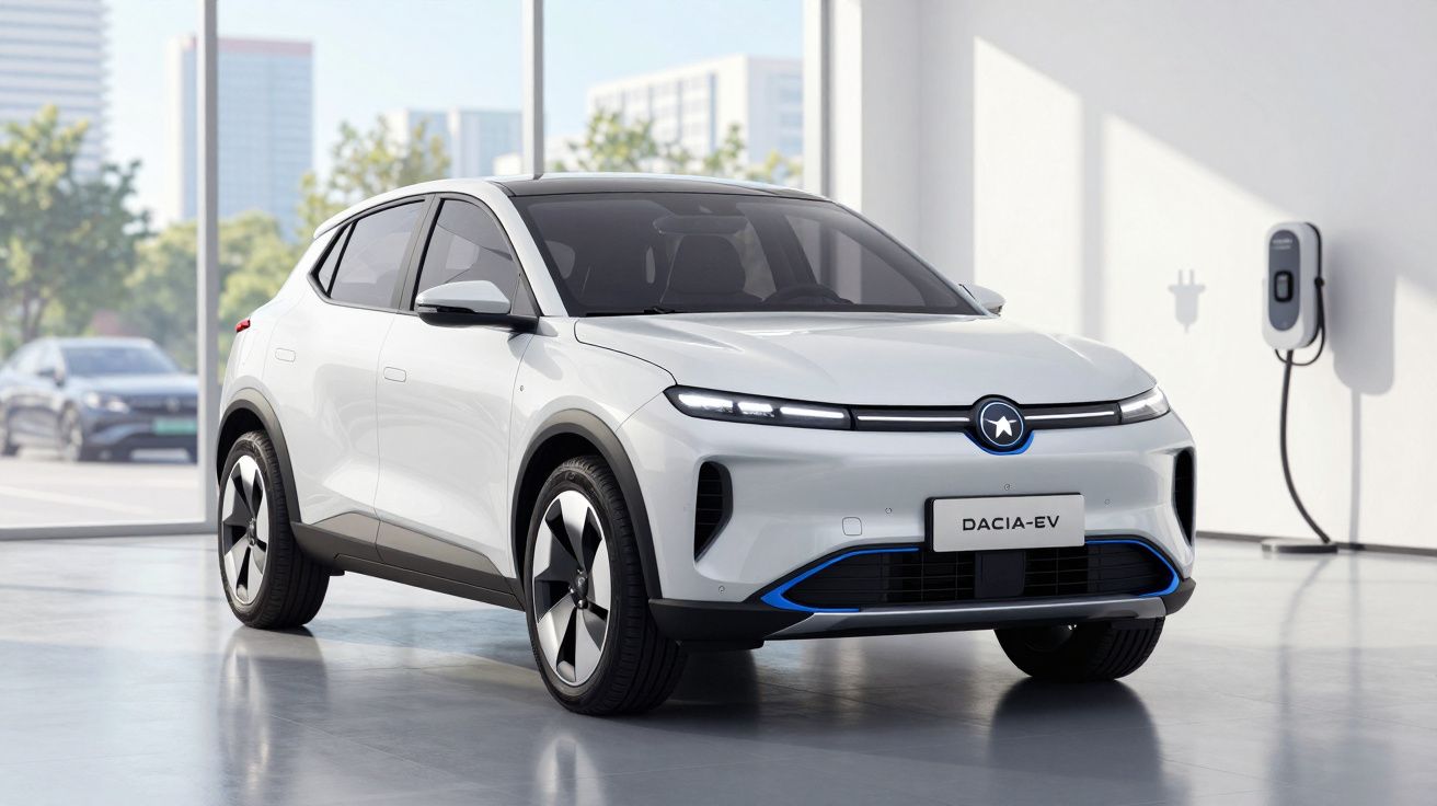 Carro elétrico branco Dacia-EV estacionado ao lado de carregador em ambiente urbano moderno.