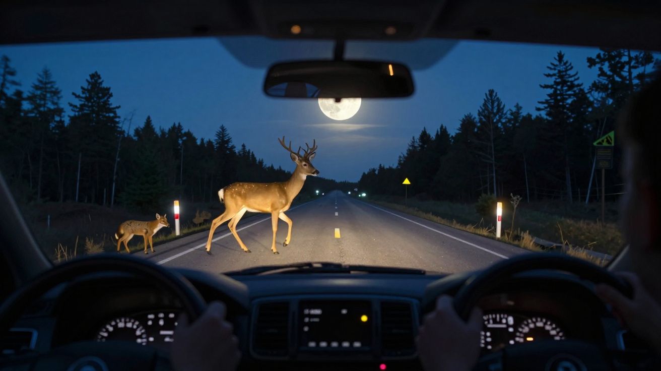 Veado adulto e filhote atravessam estrada à noite, vistos de dentro de carro com lua cheia ao fundo.