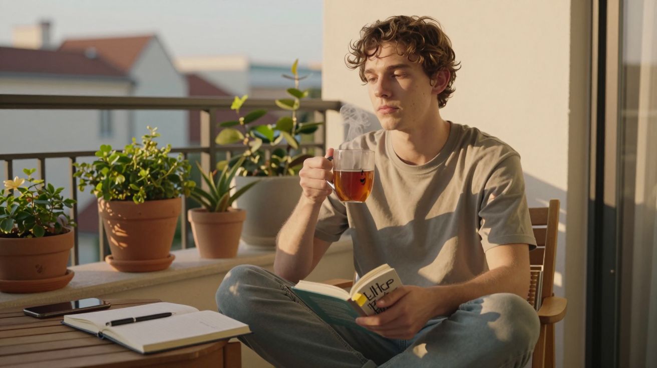 Jovem sentado na varanda, segurando xícara de chá e um livro, cercado por plantas e luz do sol.