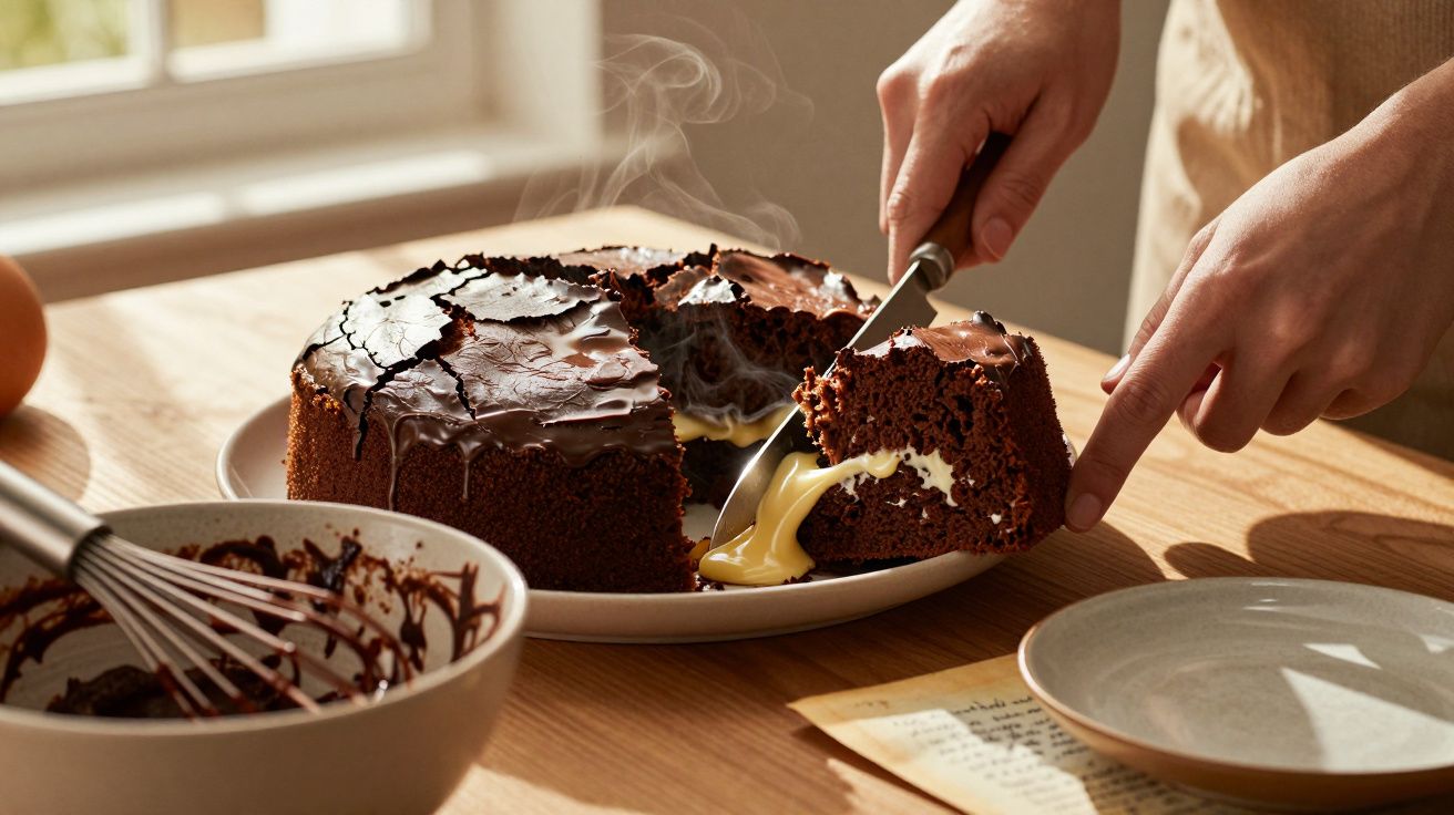 Bolo de chocolate com recheio cremoso sendo fatiado em prato branco sobre mesa de madeira.