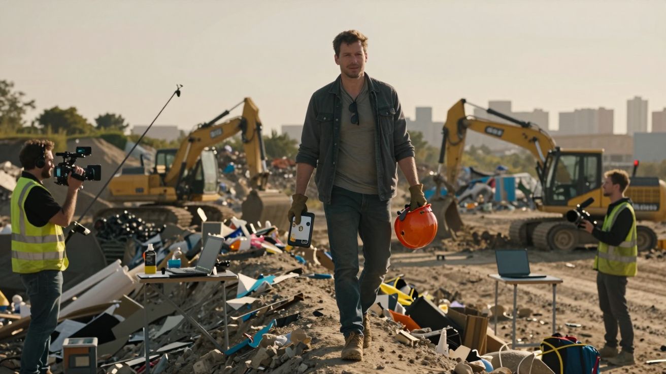 Homem caminha em terreno de obras entre entulho, segurando capacete laranja e celular, com câmeras e escavadeiras ao fundo.
