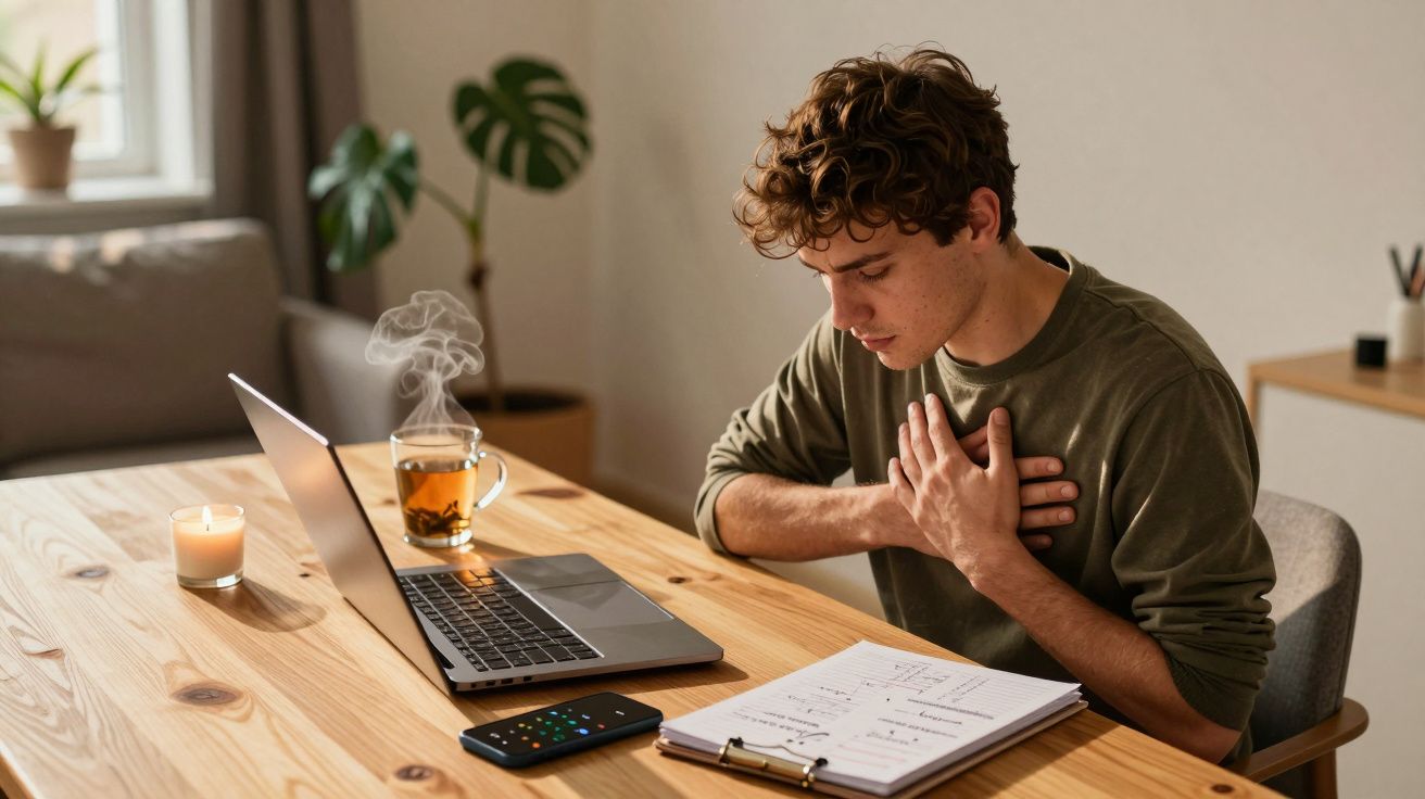 Jovem sentado à mesa com mãos no peito, laptop aberto e chá quente em um ambiente iluminado e acolhedor.