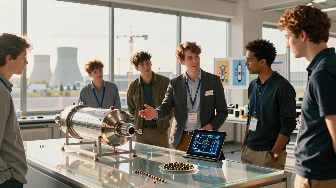 Grupo de jovens estudantes em laboratório com equipamento científico e tablet exibindo dados técnicos.