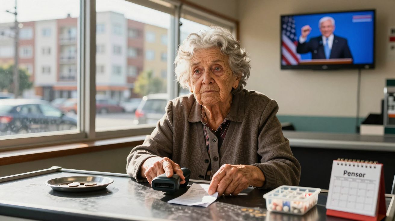 Idosa sentada à mesa com papel e carimbo, olhando pensativa em sala com TV ao fundo.