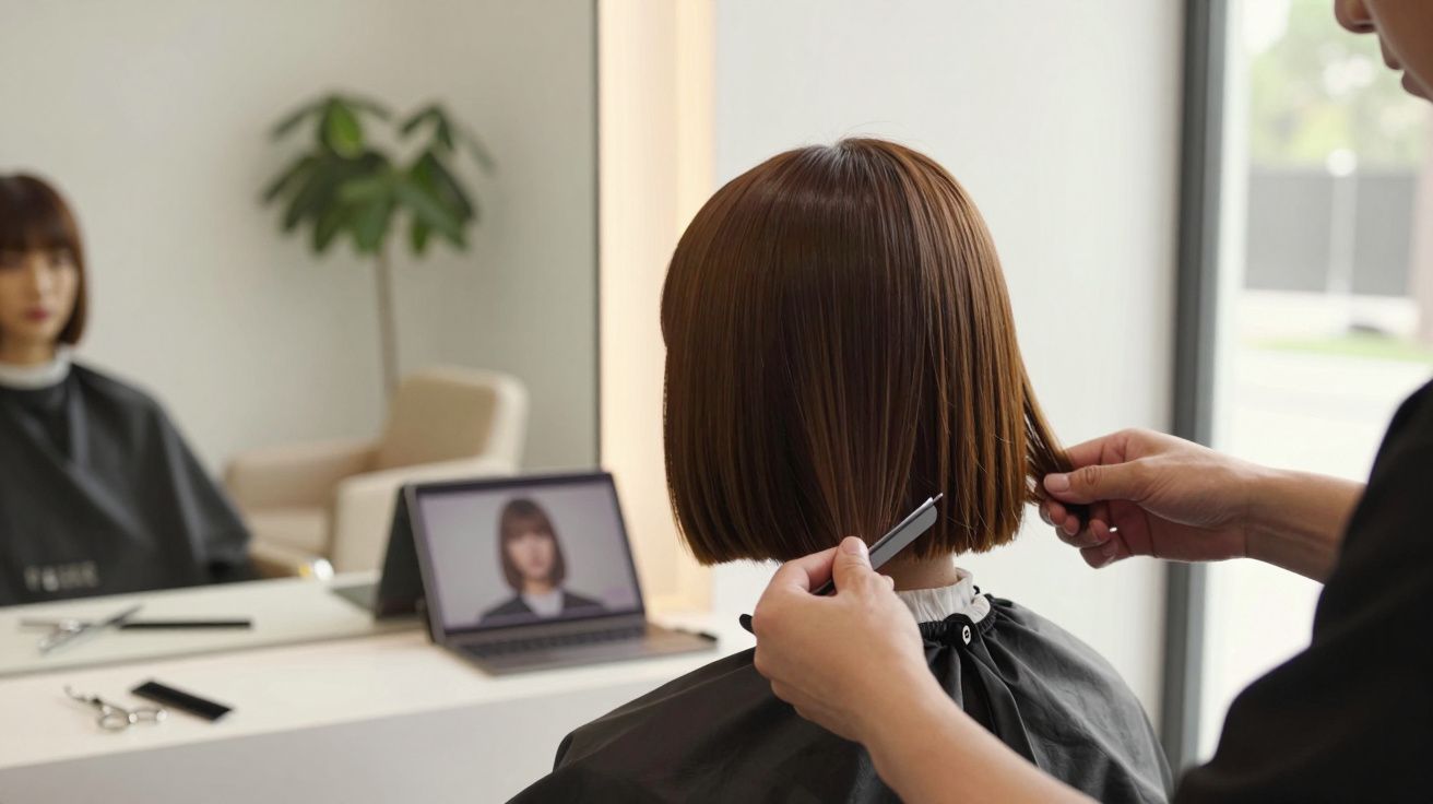 Pessoa cortando cabelo curto em salão, com espelho e laptop exibindo estilo desejado.