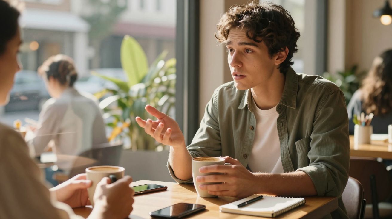Jovem conversa com outra pessoa em cafeteria, segurando xícara de café e gesticulando com a mão.