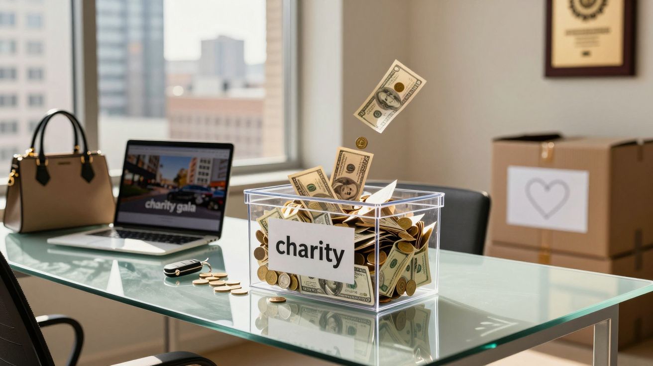 Caixa transparente cheia de dinheiro e moedas para caridade sobre mesa de vidro em escritório moderno.