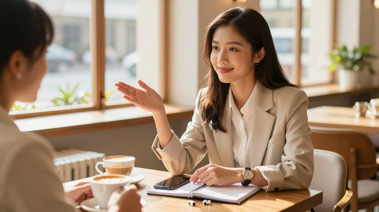 Duas mulheres conversando em cafeteria, uma fala animada com caderno e celular sobre mesa com café.