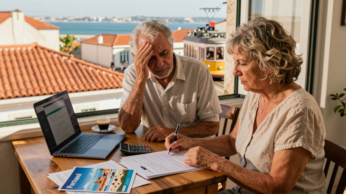 Casal idoso analisando documentos financeiros sobre mesa com laptop, calculadora e vista de telhados e bonde ao fundo.