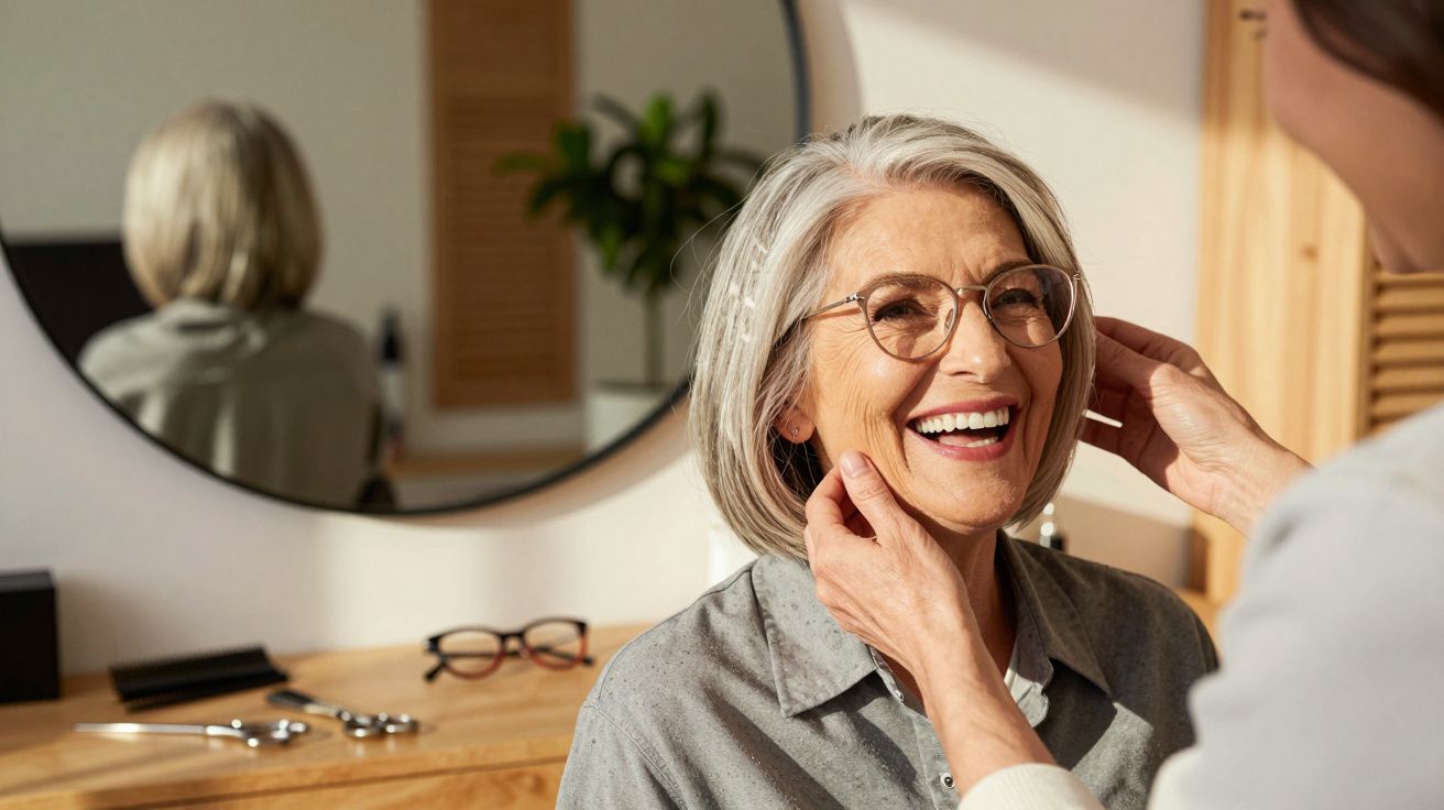 Mulher idosa sorridente usando óculos enquanto outra pessoa ajusta os óculos em frente a um espelho.