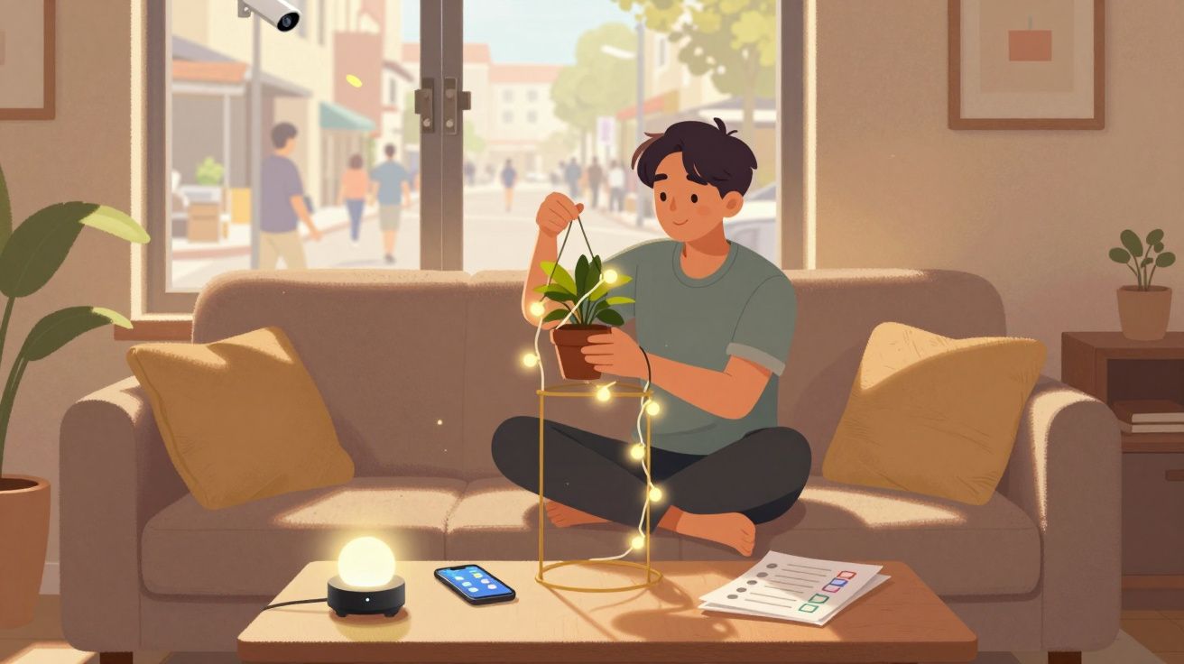 Pessoa sentada no sofá decorando planta com luzes de LED em sala iluminada e moderna.