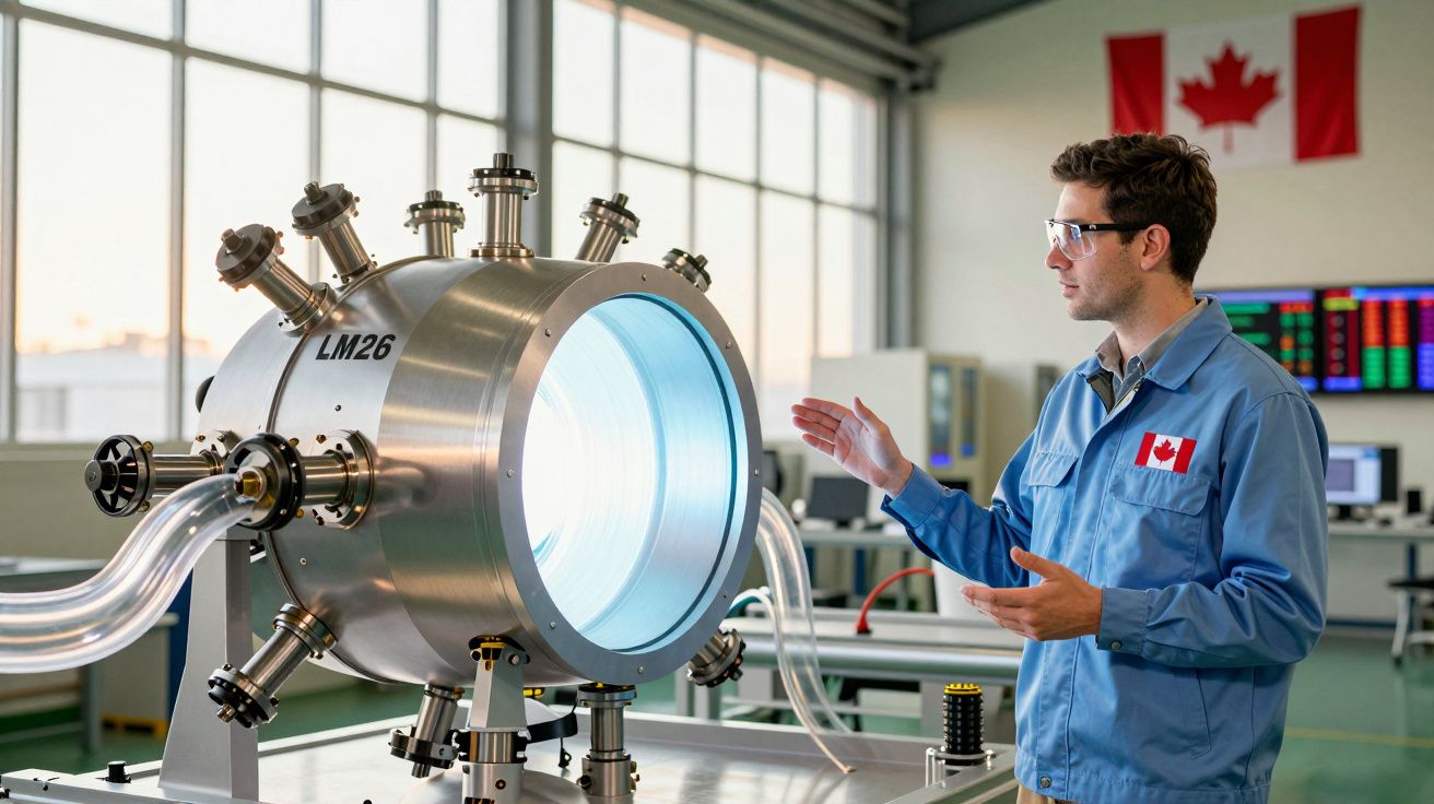 Homem com jaleco azul e óculos de proteção observa dispositivo tecnológico cilíndrico em laboratório.