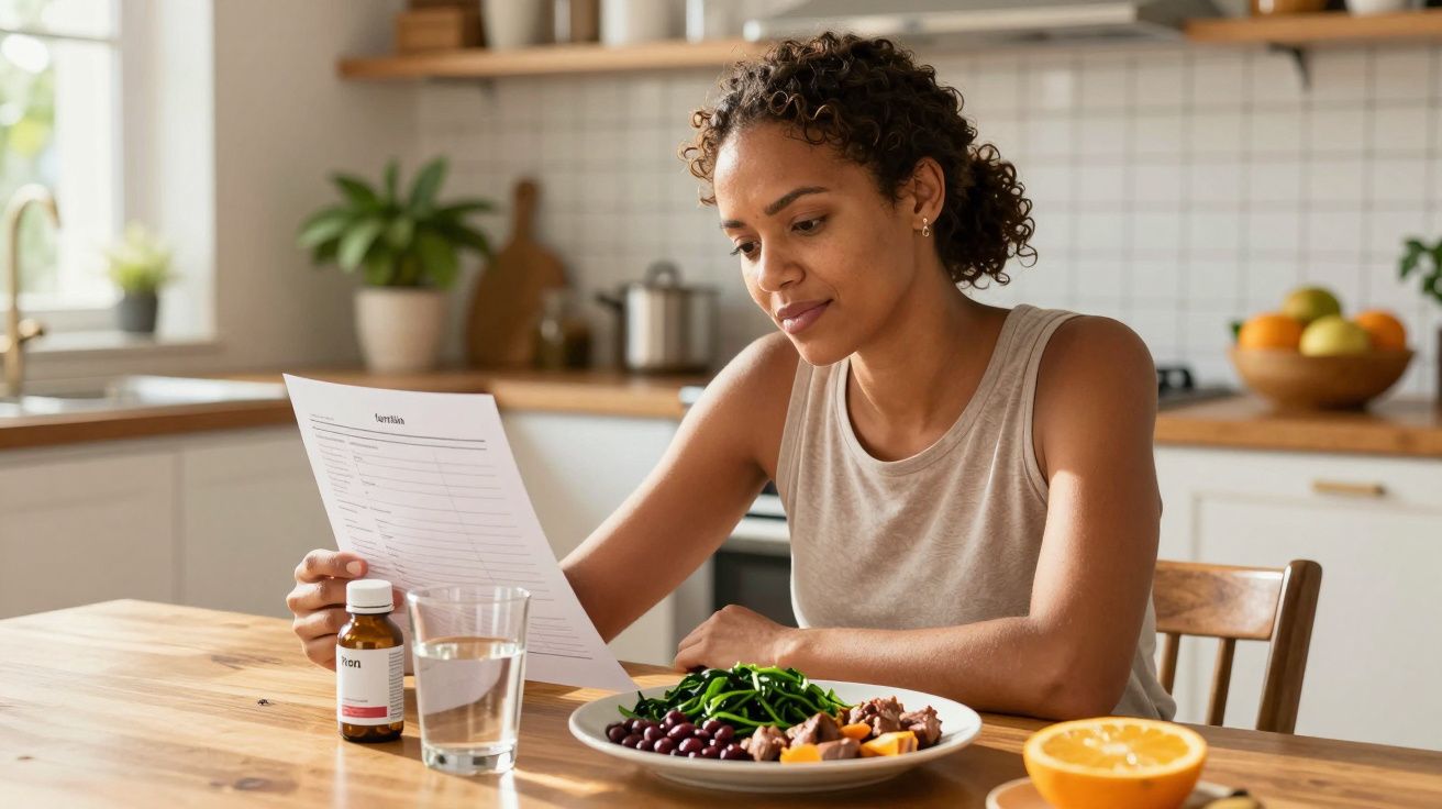 Mulher lendo bula de remédio à mesa com comida saudável e copo d'água na cozinha iluminada.