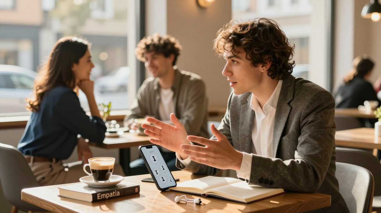 Jovem explica algo com gestos em café, com livro, celular e xícara de café sobre a mesa.