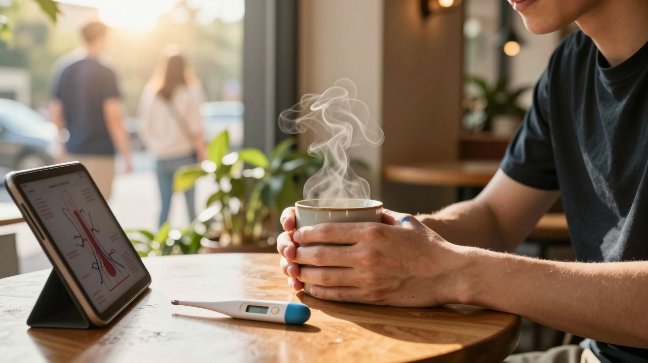 Pessoa segurando uma xícara com bebida quente e termômetro digital em mesa de madeira com tablet ao lado.