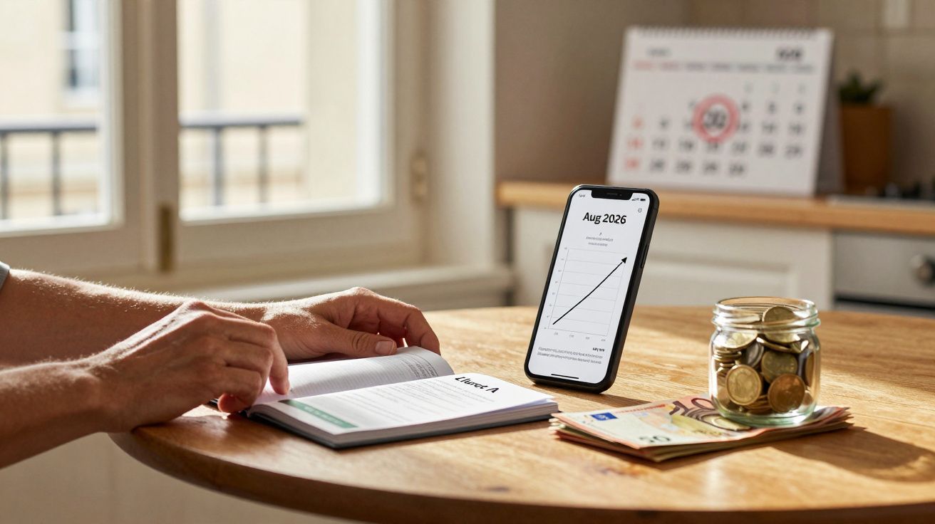 Pessoa lendo livro em mesa com celular mostrando gráfico, dinheiro em cédulas e moedas em pote.