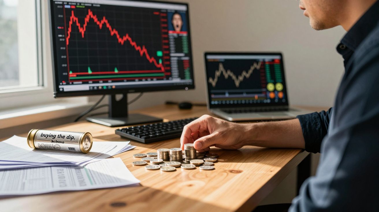 Pessoa organizando moedas sobre mesa com gráficos de mercado financeiro em dois monitores ao fundo.