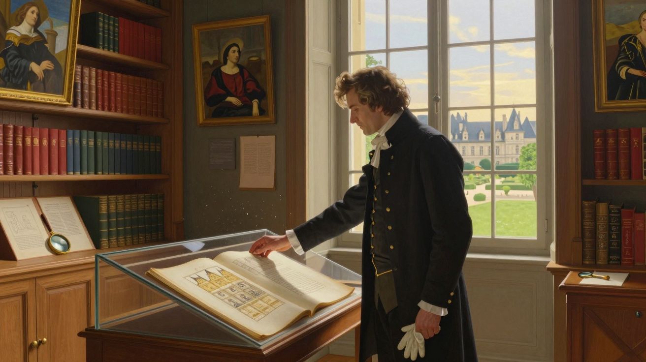 Homem vestido à moda antiga lendo livro em vitrine em sala com estantes e janelas grandes.