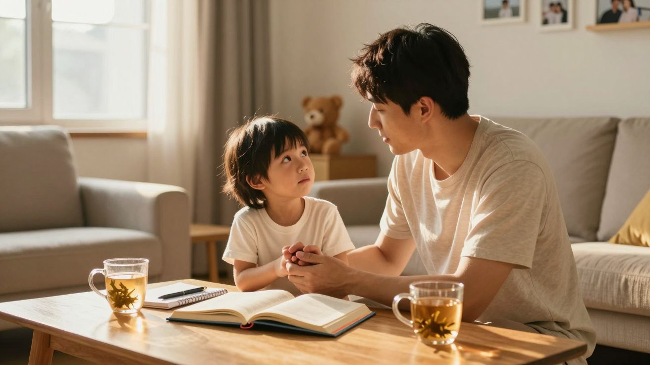 Pai e filho sentados à mesa, lendo livro e conversando em sala iluminada pelo sol.