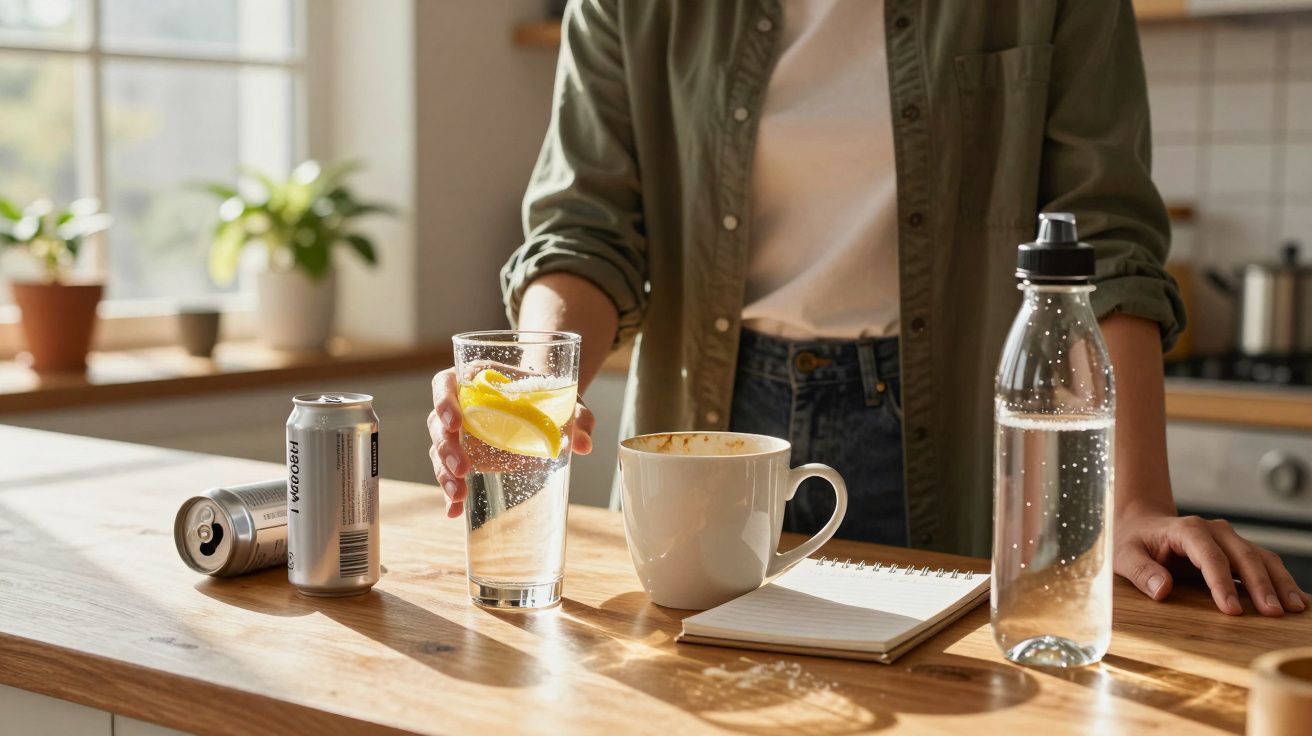 Pessoa em pé na cozinha segurando copo com água e limão, ao lado de caneca, garrafa, caderno e latas sobre a bancada.