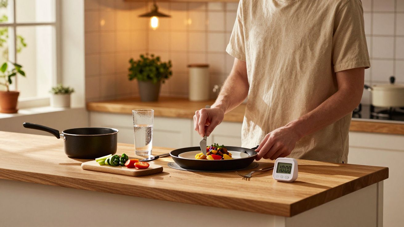 Pessoa preparando refeição saudável com legumes na cozinha clara e moderna.