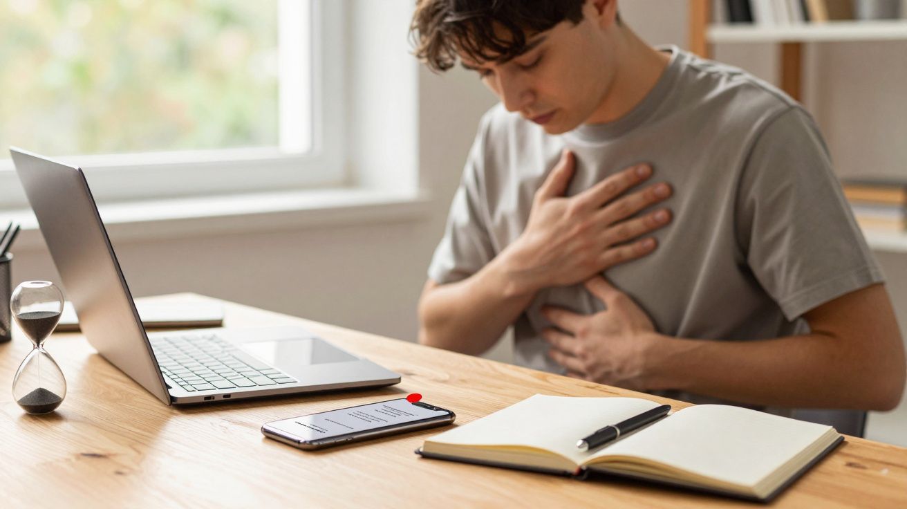 Jovem sentado à mesa com laptop e caderno, segurando o peito com expressão de dor.