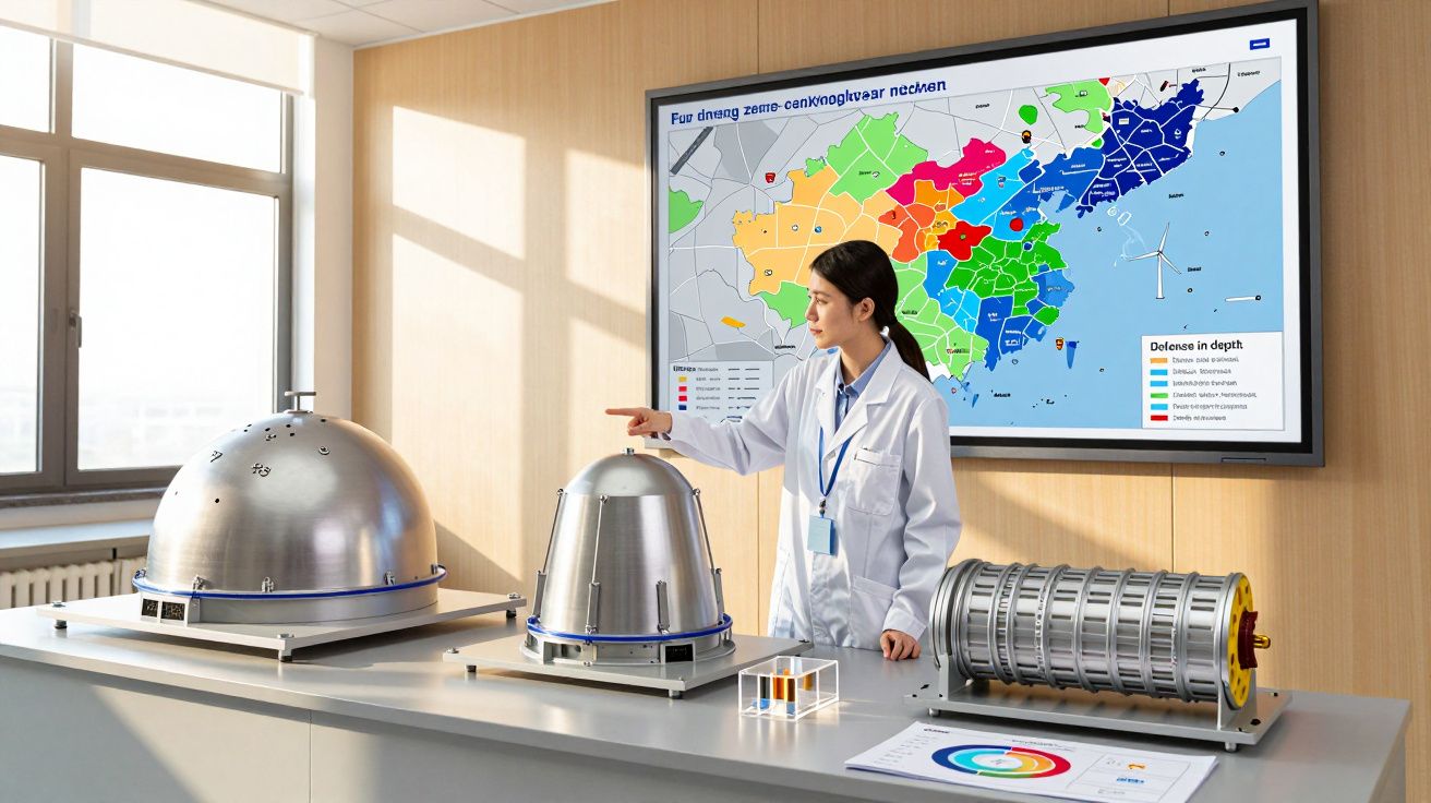 Mulher com jaleco branco aponta para equipamento metálico em laboratório com mapa colorido na parede.