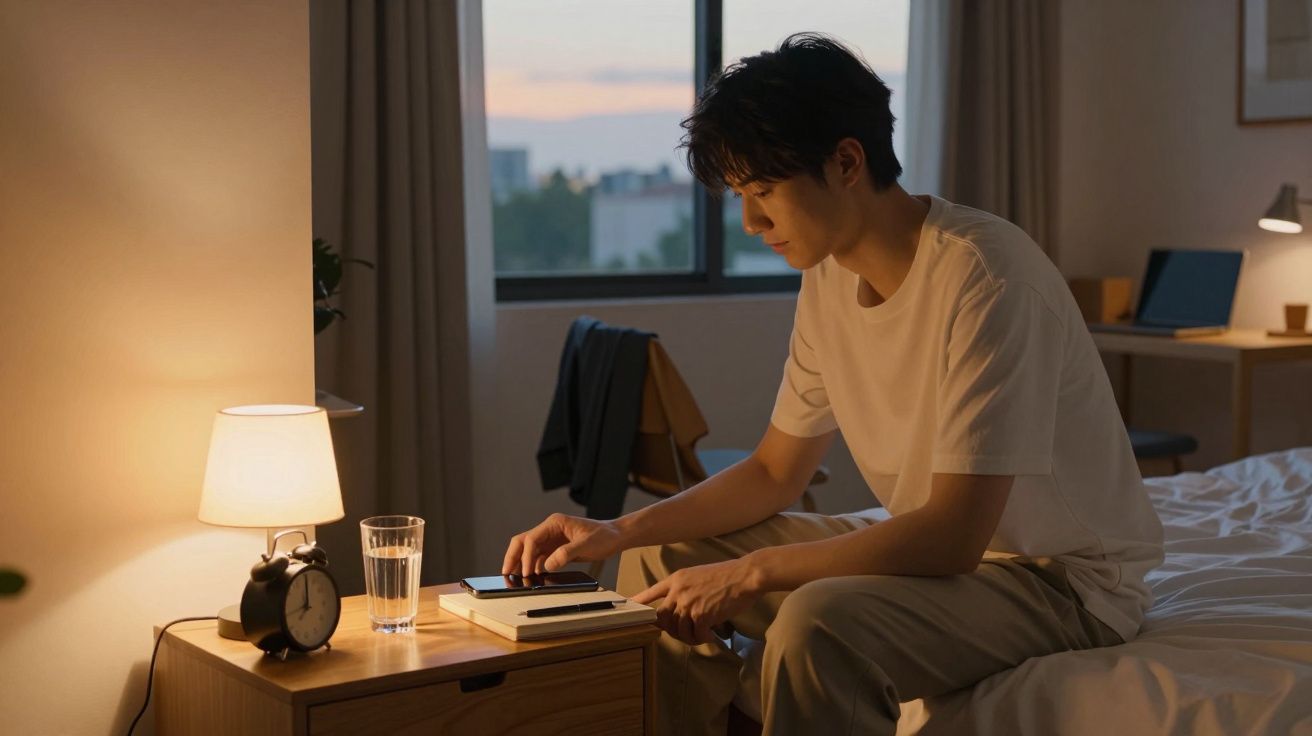 Homem sentado na cama de quarto iluminado por luminária, mexendo no celular sobre criado-mudo.