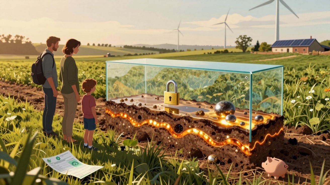 Família observando uma seção do solo com energia brilhante protegida por uma caixa de vidro em campo aberto.