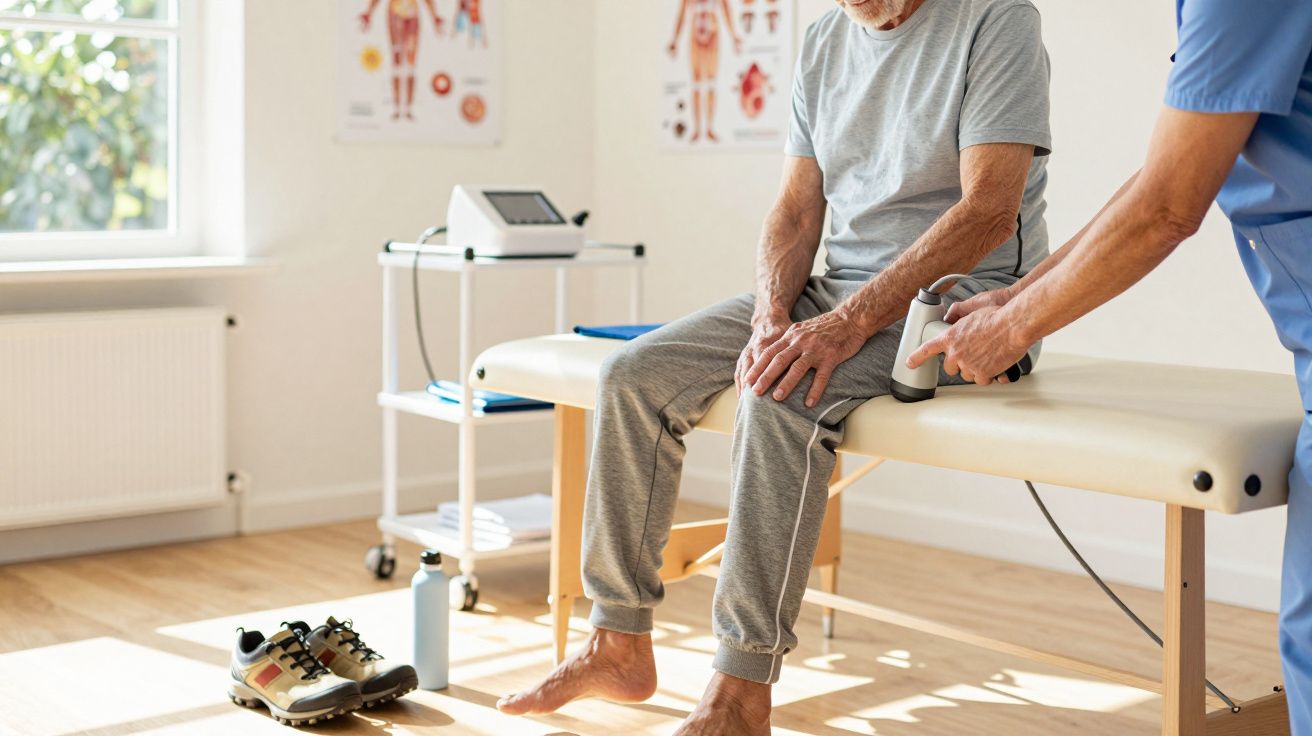 Paciente idoso recebendo fisioterapia para o joelho em clínica médica iluminada e equipada.