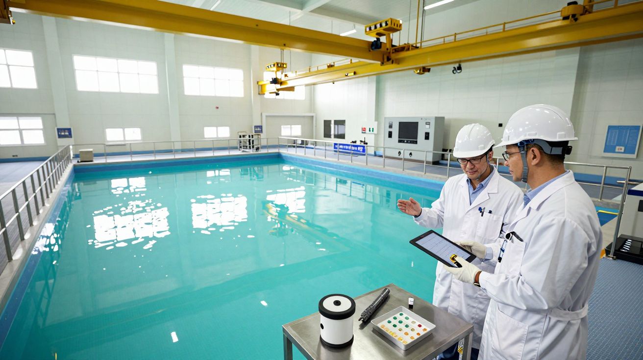 Dois técnicos com capacetes e jalecos brancos analisam equipamentos ao lado de piscina industrial em laboratório.