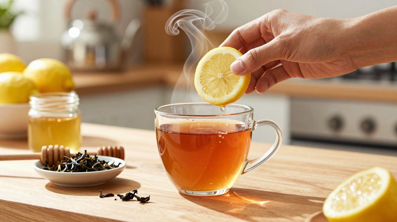 Mão espremendo fatia de limão em xícara de chá quente com mel e limões ao fundo em cozinha.