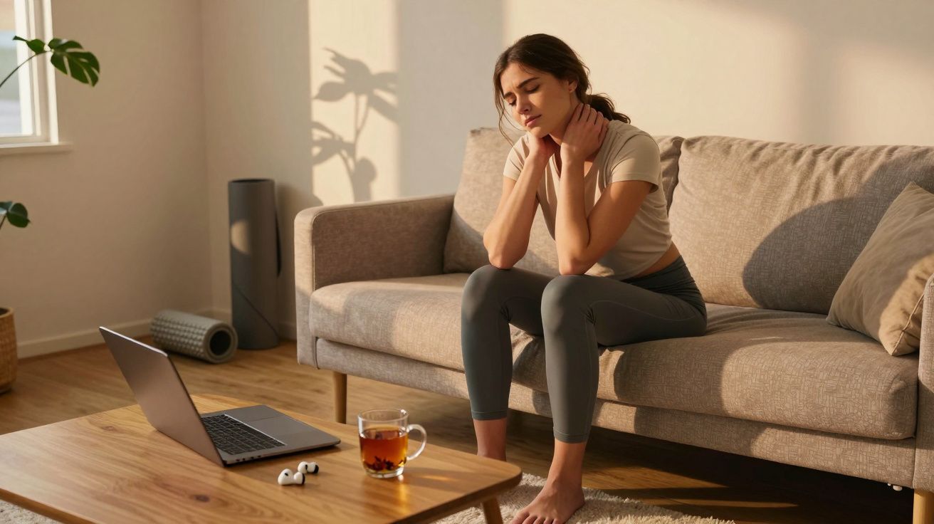 Mulher sentada no sofá, massageando o pescoço com expressão de dor, com laptop e chá na mesa.