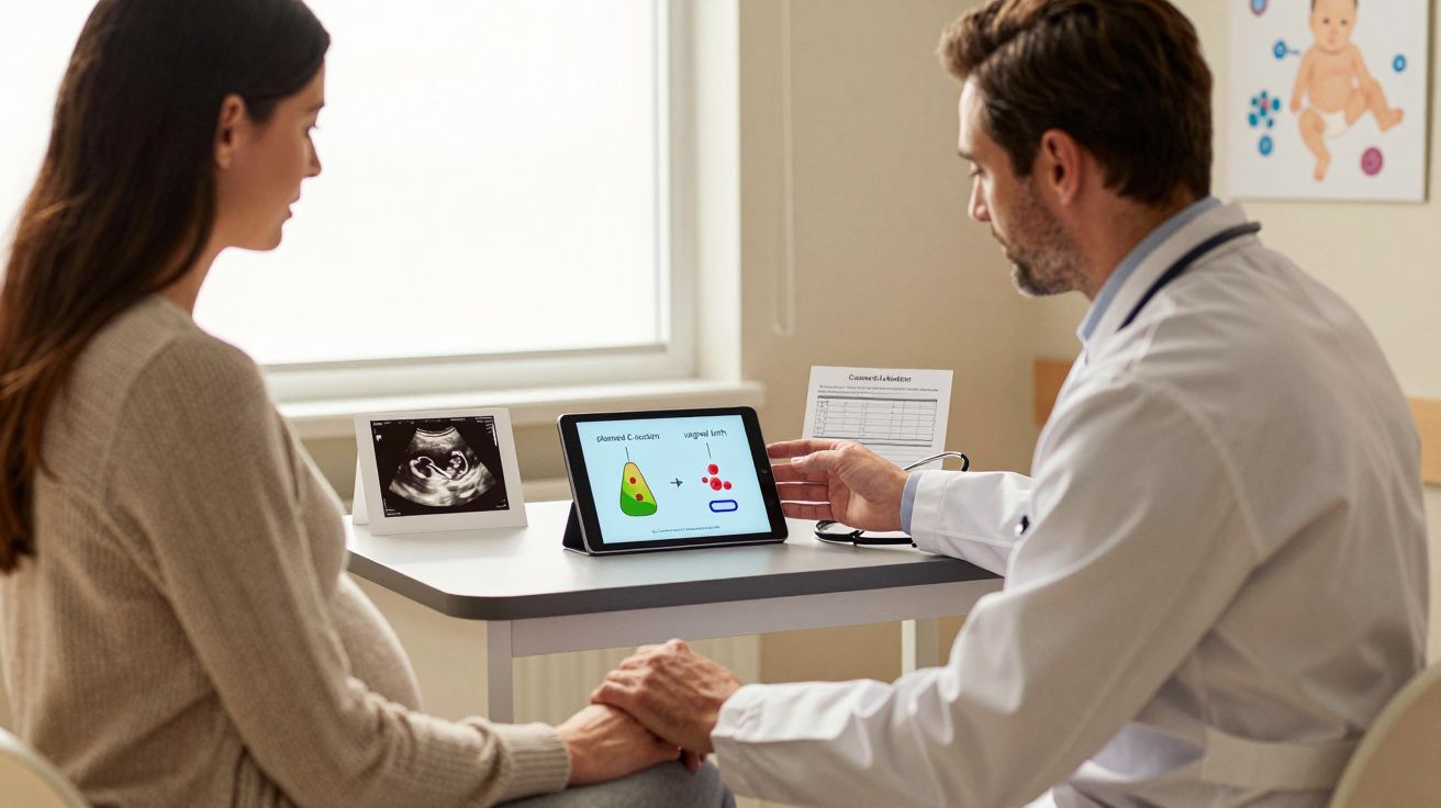 Mulher grávida e médico discutindo exames em tablet, com ultrassom ao lado sobre mesa clínica.