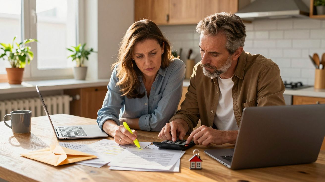Casal concentrado calcula despesas com documentos e laptop em mesa de cozinha iluminada.