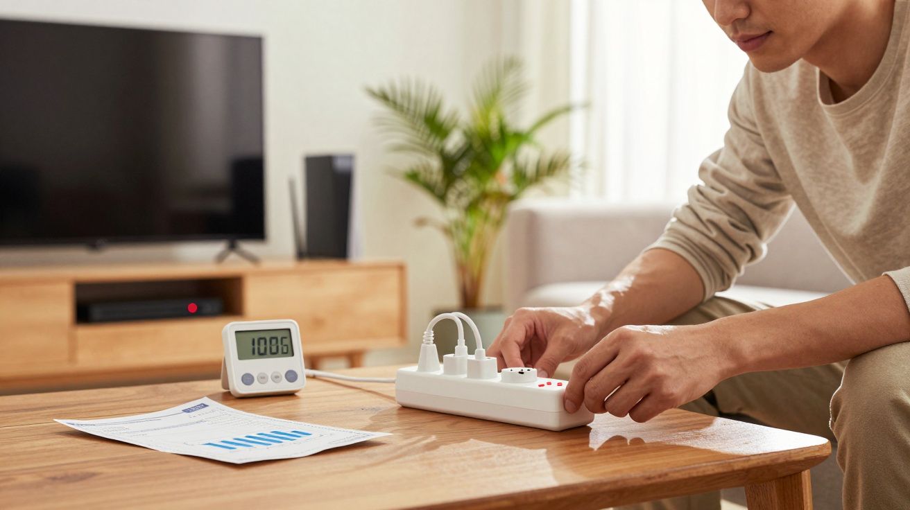 Pessoa ajusta régua de energia em mesa de madeira com medidor digital e gráfico à frente em sala iluminada.
