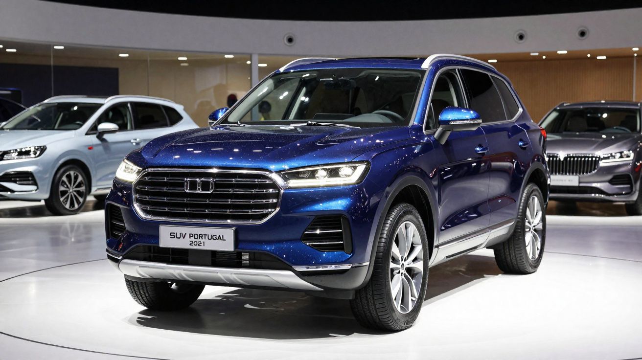 SUV azul metálico em exposição em salão automotivo com carro branco ao fundo.