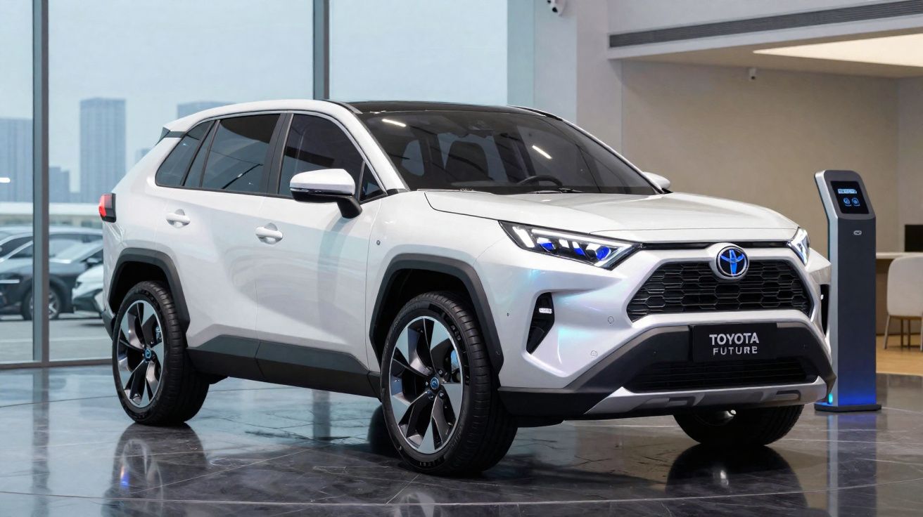 Carro SUV elétrico branco da Toyota parado em showroom com estação de recarga ao lado.