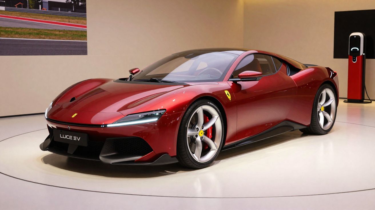 Carro esportivo vermelho Ferrari Luce EV em exposição, com carregador elétrico ao fundo.