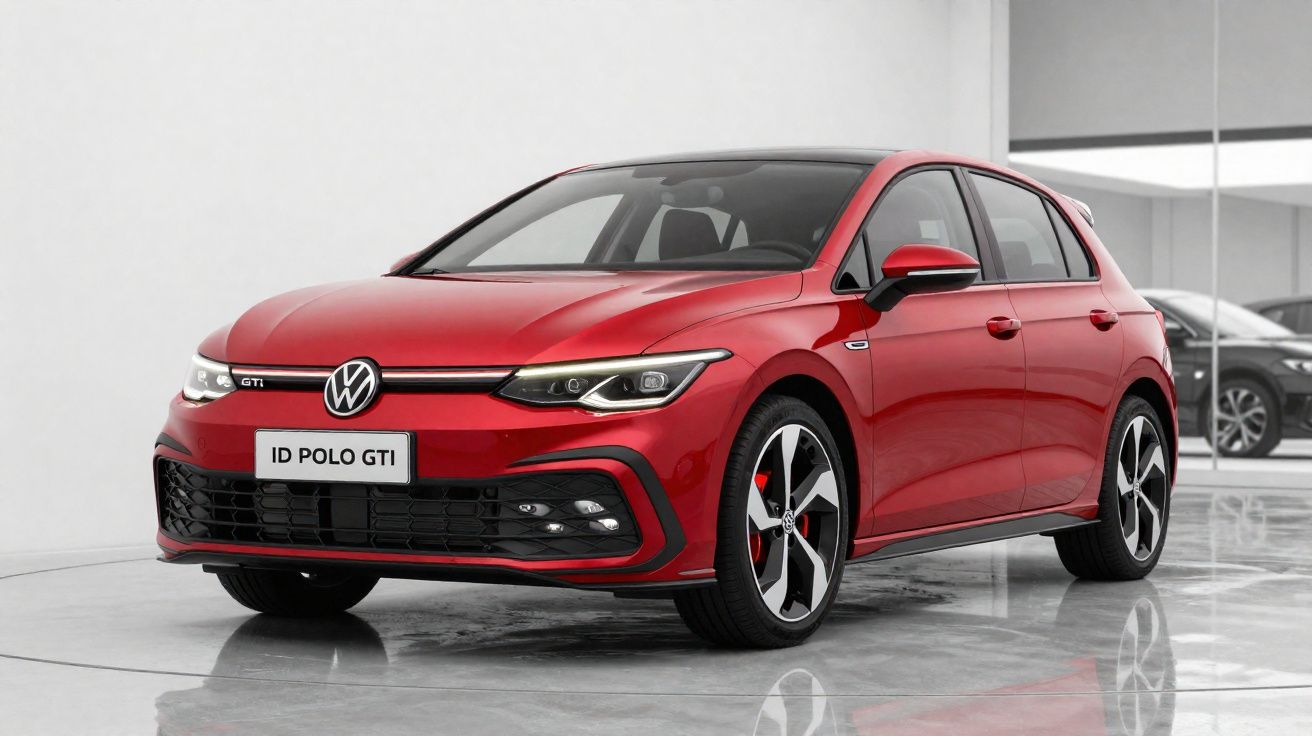 Carro vermelho VW ID Polo GTI estacionado em ambiente interno com piso refletivo e parede branca.