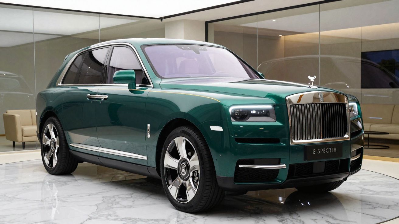 SUV Rolls-Royce Cullinan verde exibido em showroom com piso de mármore branco e decoração moderna.
