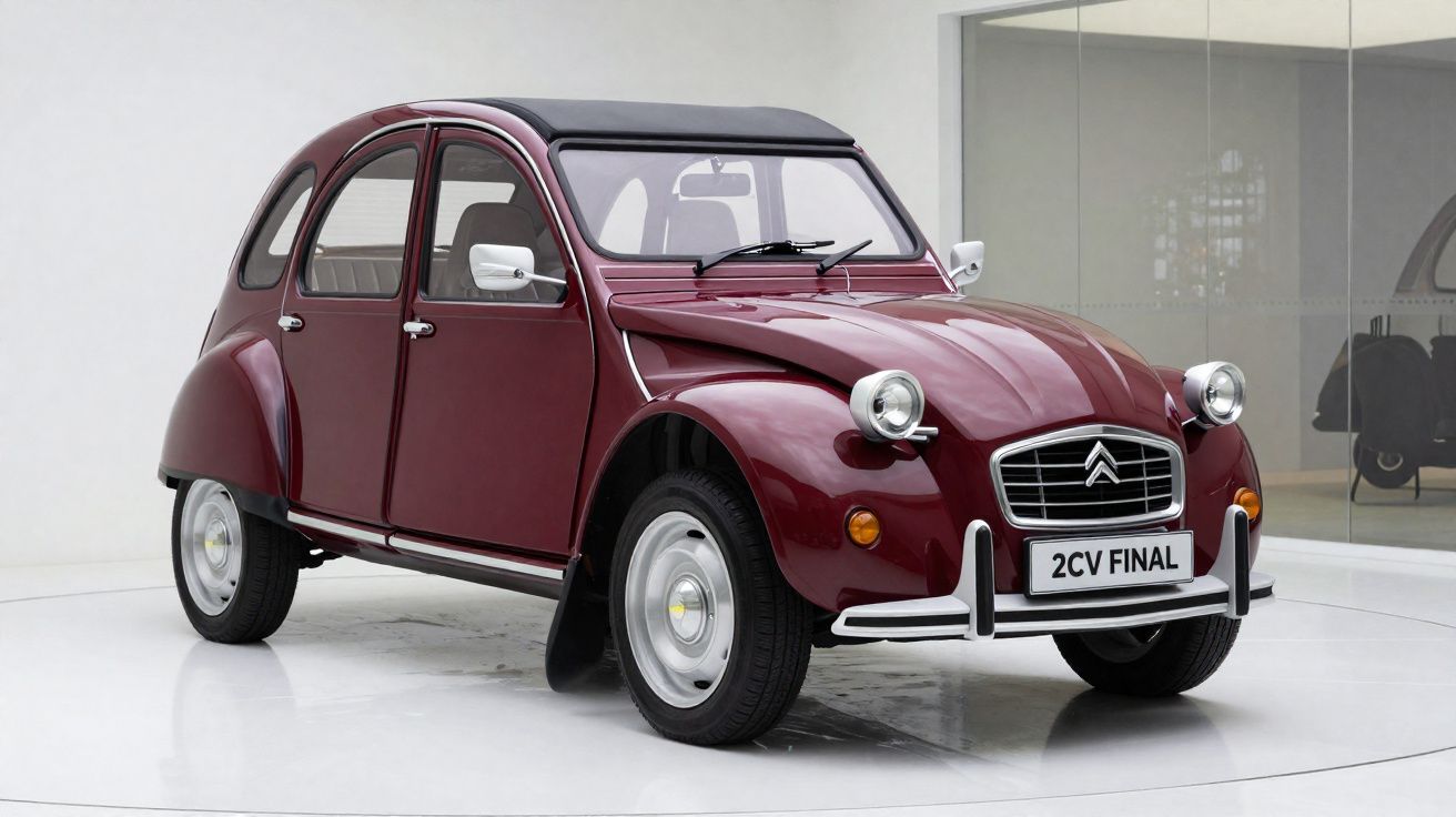 Carro Citroën 2CV Final em tom vinho exibido em ambiente interno com piso branco.