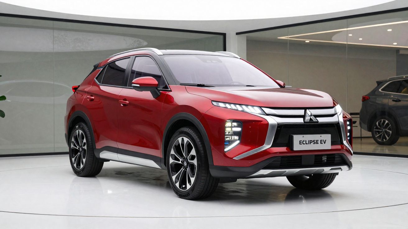 SUV vermelho Mitsubishi Eclipse EV estacionado em ambiente interno moderno, com design futurista.