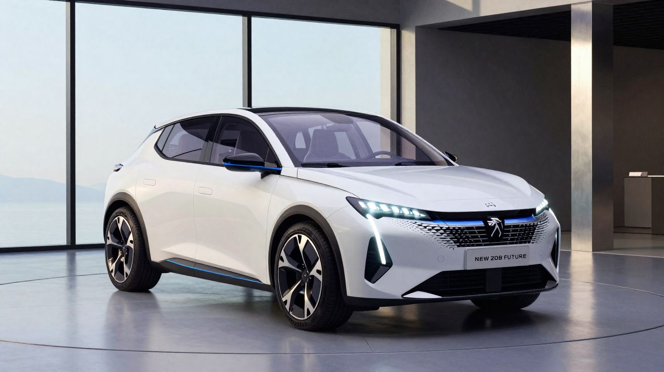 Carro elétrico Peugeot 208 Future branco em ambiente interno moderno com janelas amplas.