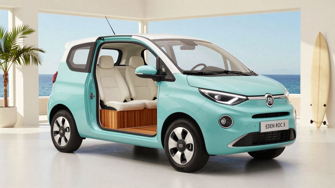 Carro elétrico compacto Fiat Eden Roc II azul com porta lateral aberta e interior em madeira e couro branco.