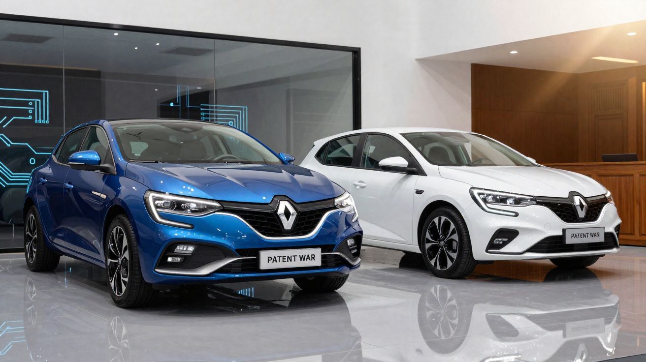 Dois carros Renault, um azul e um branco, exibidos em salão moderno com piso espelhado.